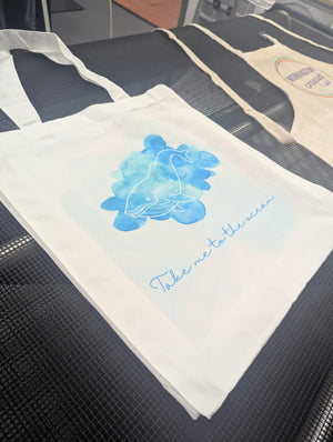 Digital printed white cotton tote bag with water colour whale print