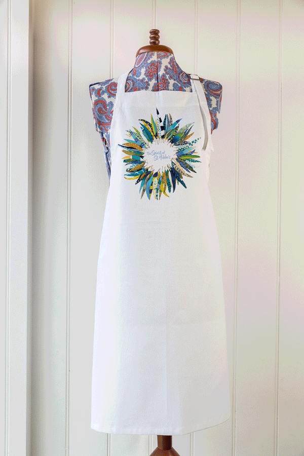 White apron with full-colour mandala-style digital print on mannequin