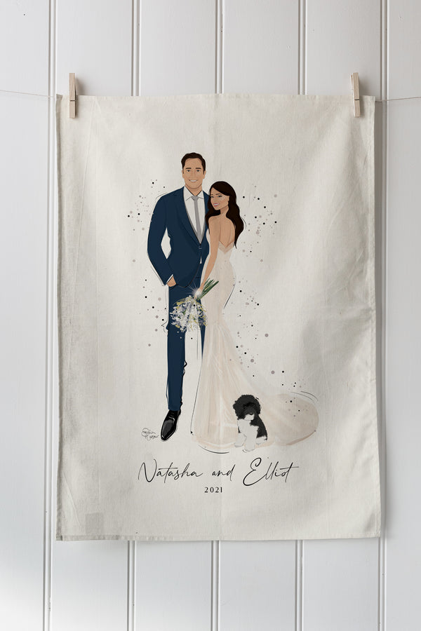 Illustrated couple portrait on digital tea towel