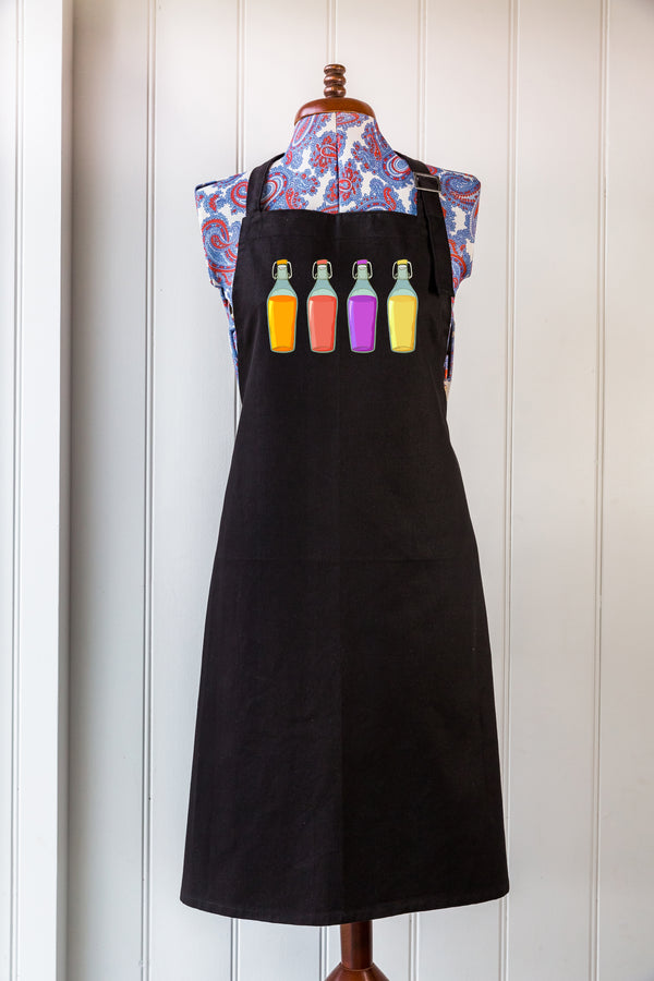 Black apron with three coloured bottle digitally printed on bib