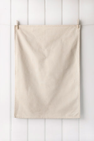 Unprinted natural organic cotton tea towel in portrait orientation – premium quality fabric for custom screen printing.