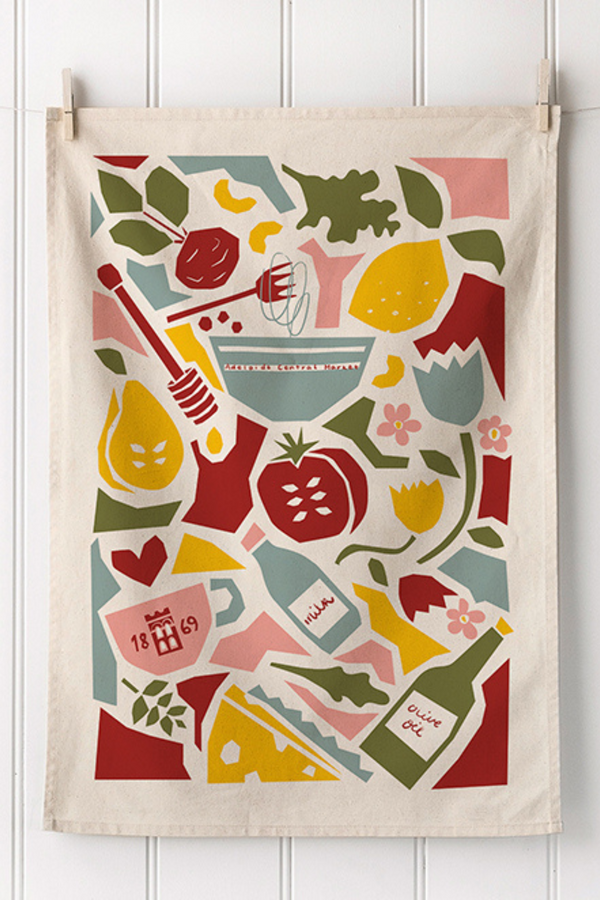 Colourful fruit pattern on natural tea towel