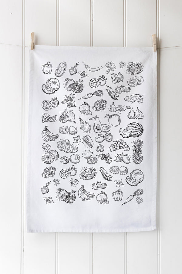 White tea towel with black fruit & veg print