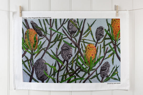 Custom digital print tea towel with modern abstract tree and leaf design