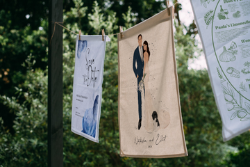Custom printed wedding tea towel invitations 