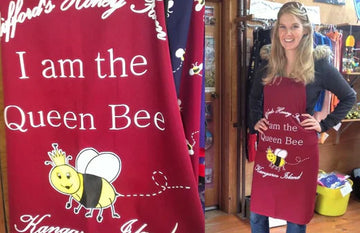 Queen Bee apron and tea towel from Clifford's Honey Farm, designed by Expressions Tea Towels Australia.