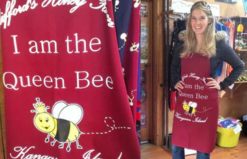 Queen Bee apron and tea towel from Clifford's Honey Farm, designed by Expressions Tea Towels Australia.