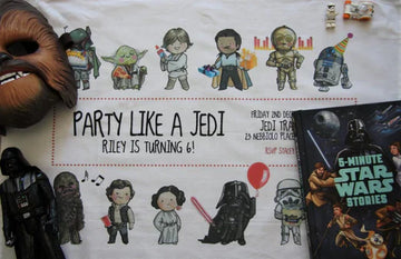 Custom printed Star Wars invitation tea towel by Expressions Tea Towels Australia, made from organic cotton.