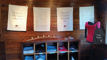 Custom printed organic cotton tea towels and tote bags created for Stella Bella Wines by Expressions Tea Towels Australia.