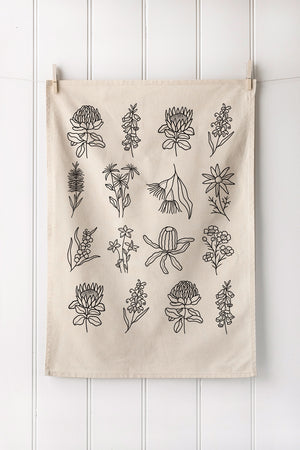 Natural tea towel with Australian native flowers print
