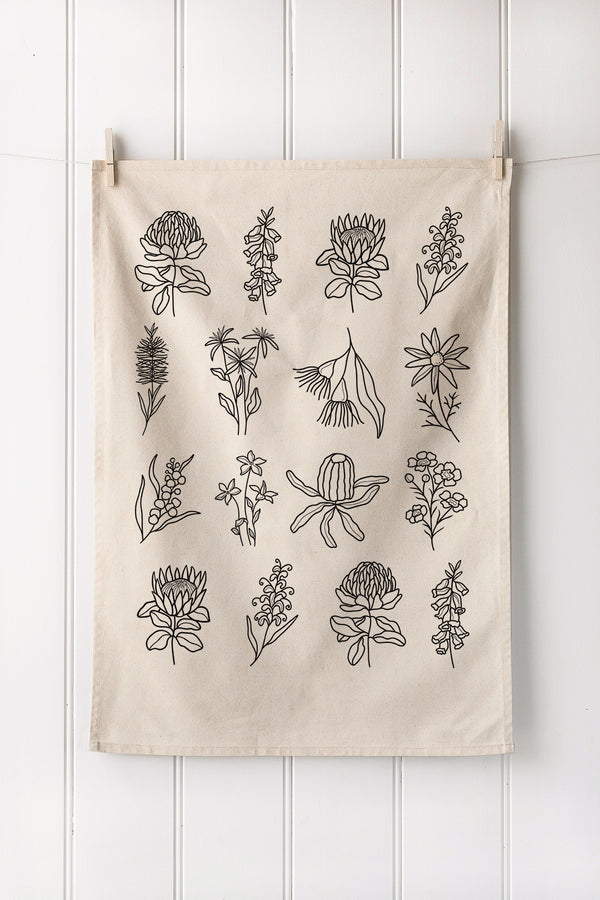 Natural tea towel with Australian native flowers print