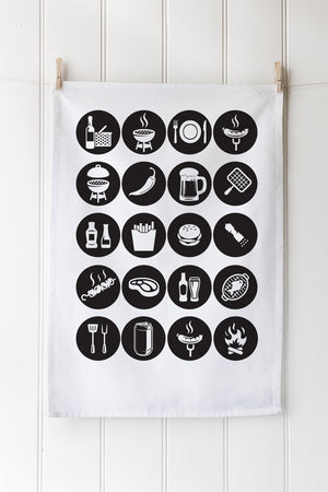 White customisable tea towel with beer and food icons