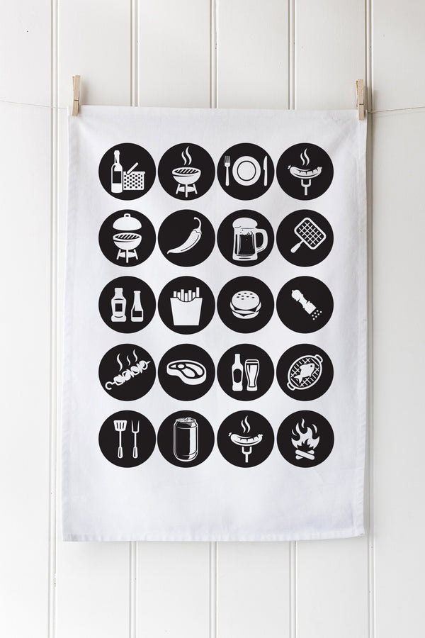 White customisable tea towel with beer and food icons