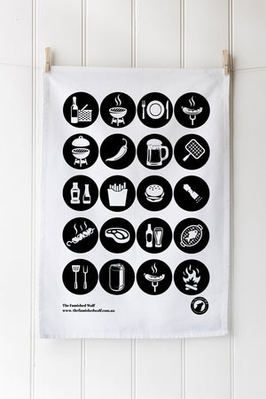 Tea towel with black icons on a white background add your own logo