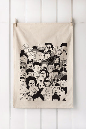 Natural cotton tea towel with people screen print