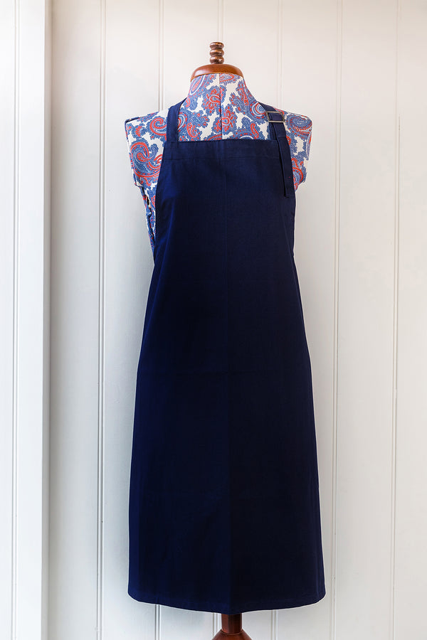 Navy Blue apron on mannequin – ready for custom branding