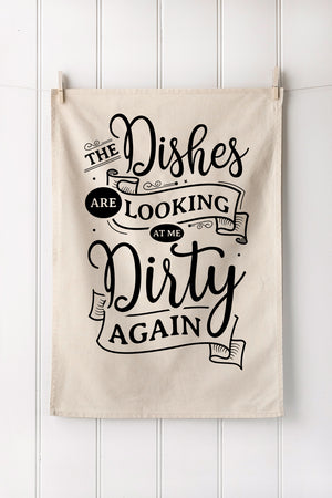 Natural cotton tea towel with dirty dishes text print 