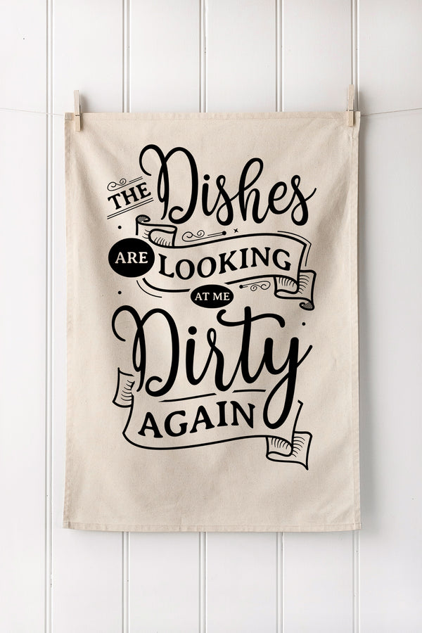 Natural cotton tea towel with dirty dishes text print 
