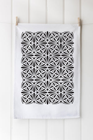 White cotton tea towel with black elegant floral print