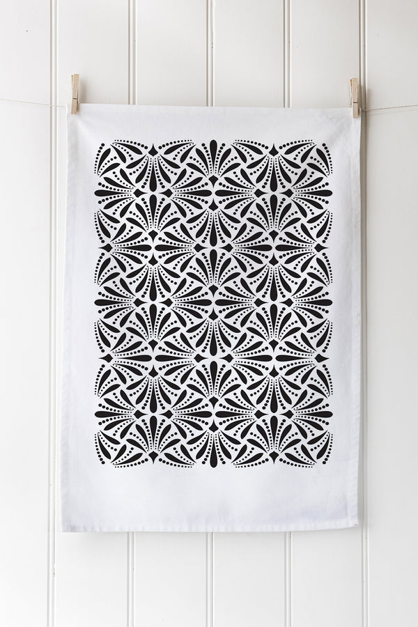 White cotton tea towel with black elegant floral print