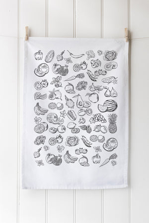 White tea towel with black fruit & veg print