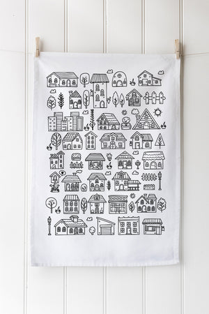 White cotton hanging tea towel with black house print design 