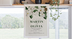 Design your own wedding tea towel invitations | Eco-friendly wedding thank you gifts